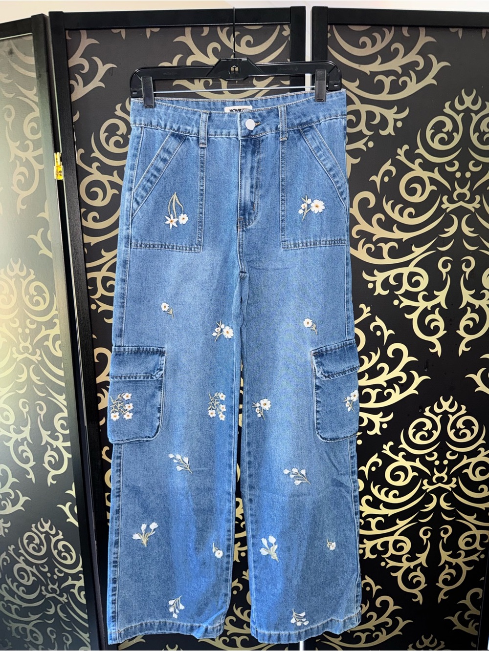 Fashion Nova Light Blue Embroidered Wide-Leg Cargo Jeans